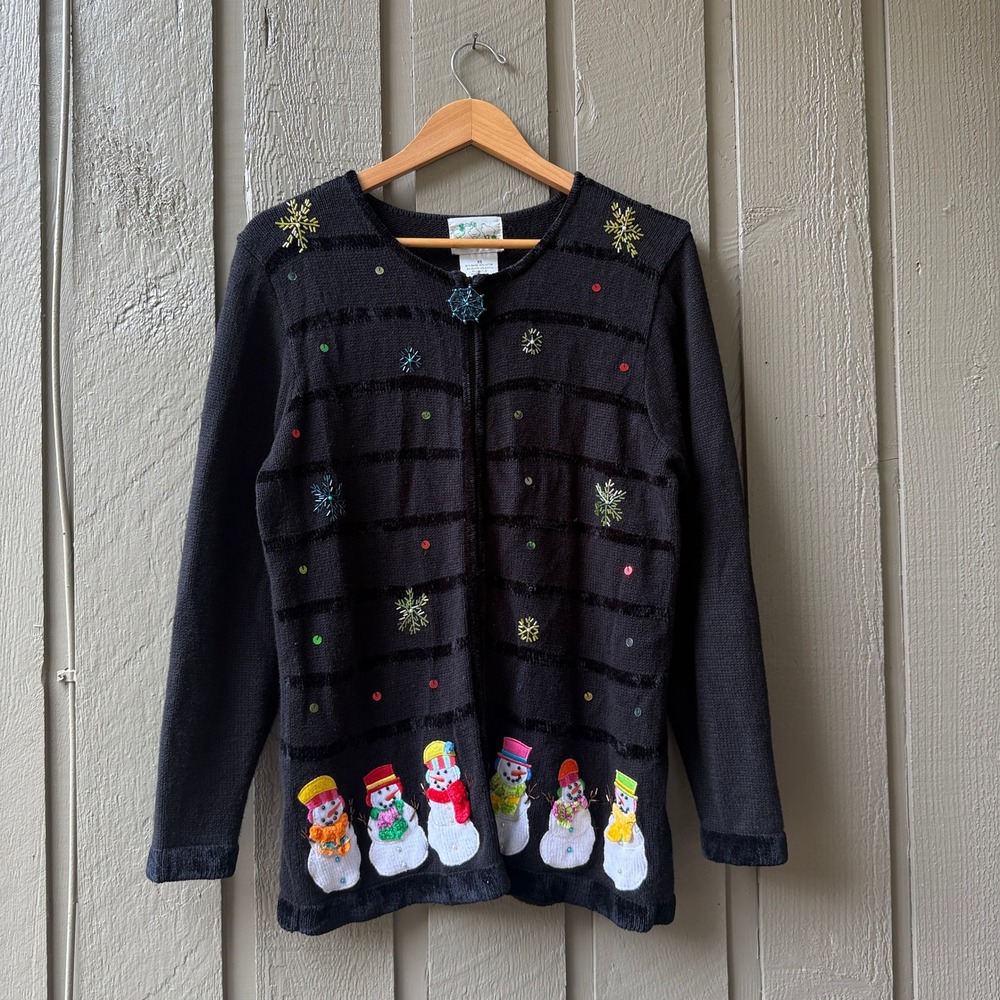 Quacker Factory Snowman Cardigan Sweater Womens XS Black Zip Holiday Beaded Knit
